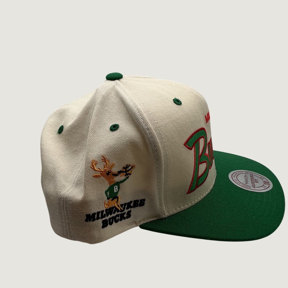 Mitchell & Ness Milwaukee Bucks Snapback Hat Cream Green Wool NBA Adjustable - Picture 3 of 8
